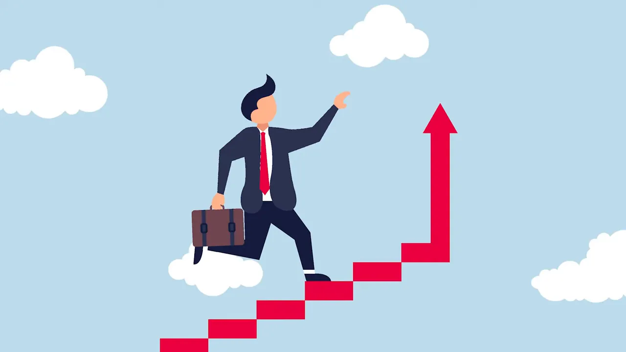 illustration of a businessperson climbing red stairs toward an upward arrow representing growth