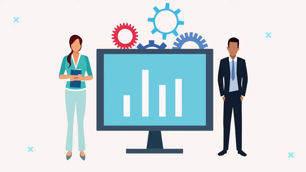 illustration of business analysis on a computer screen with professionals and gears
