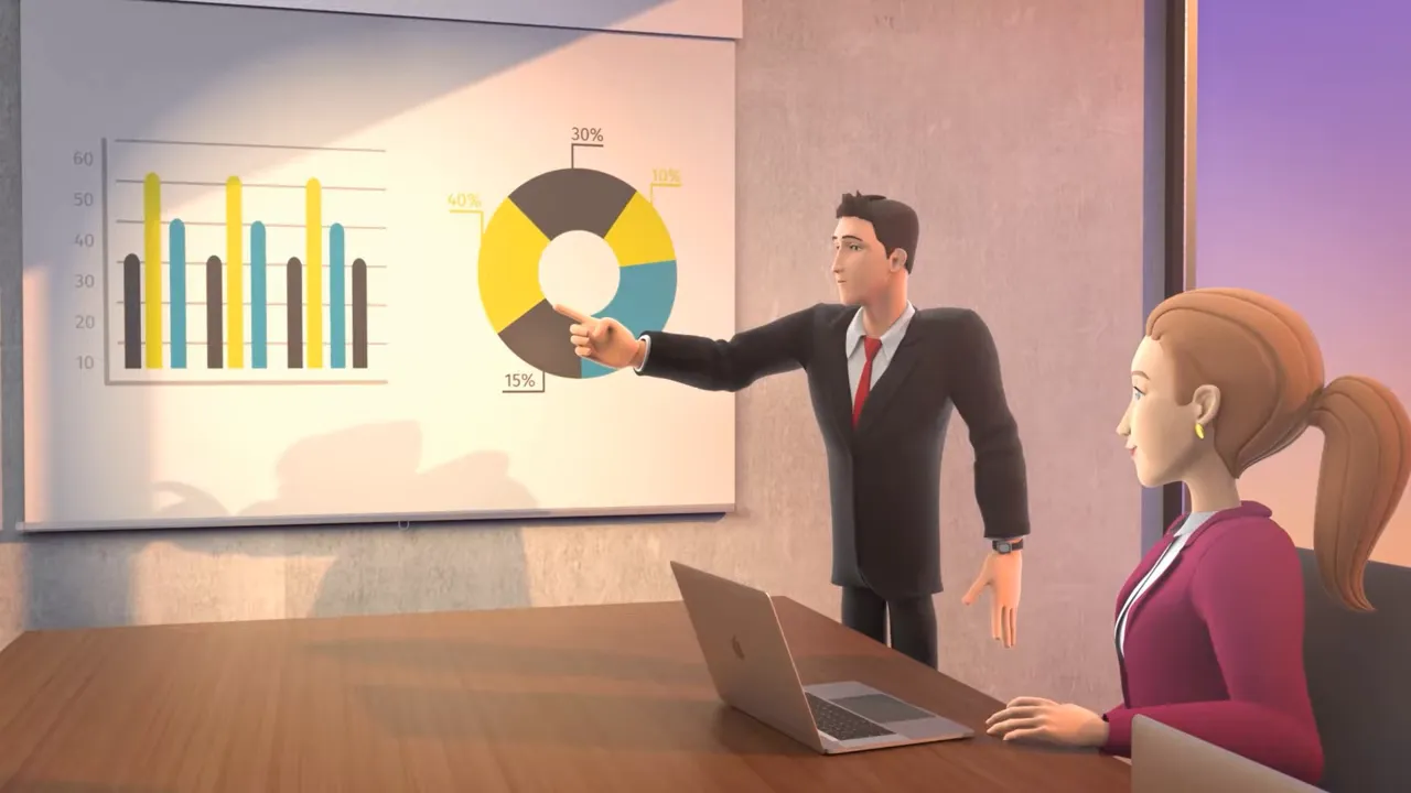 Animated presenter pointing at a pie chart and bar graph on a presentation screen in a meeting room.