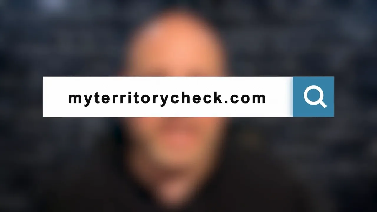 Search bar graphic reading 'myterritorycheck.com' over a blurred host and brick background