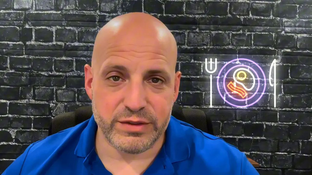 host on camera in front of brick wall with neon plate and utensils icon