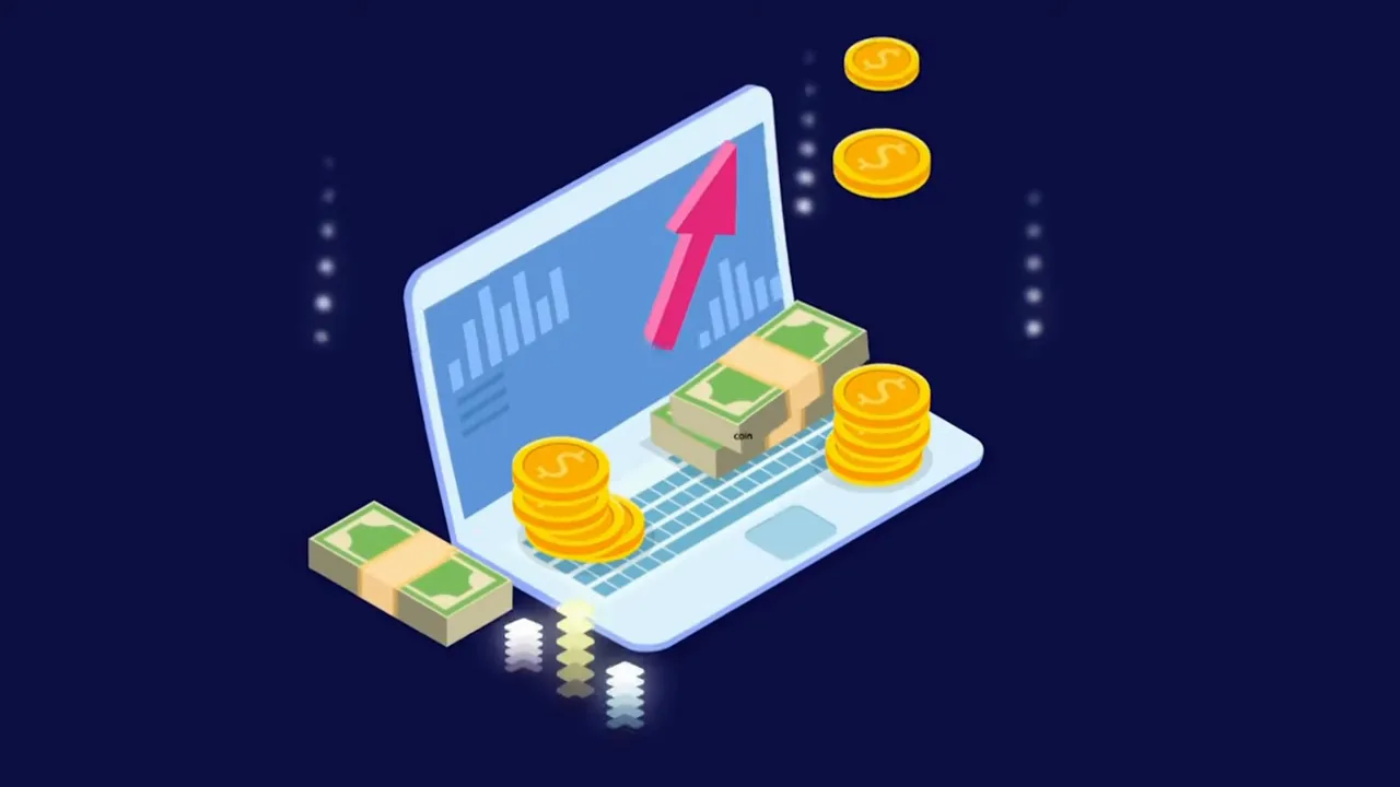 Illustration of a laptop with stacks of cash, coins and an upward arrow representing revenue growth and cash flow