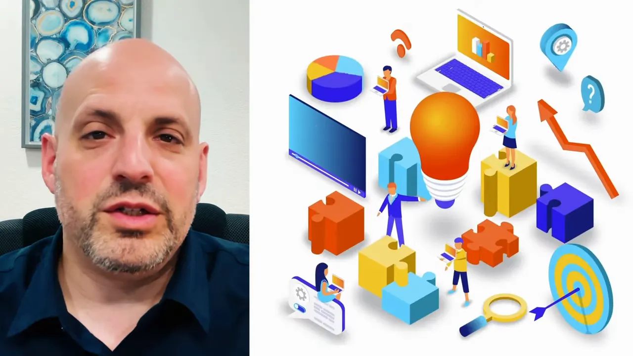 Split-screen with a speaker at left and a colorful business infographic at right showing a lightbulb, puzzle pieces, charts and target graphics.