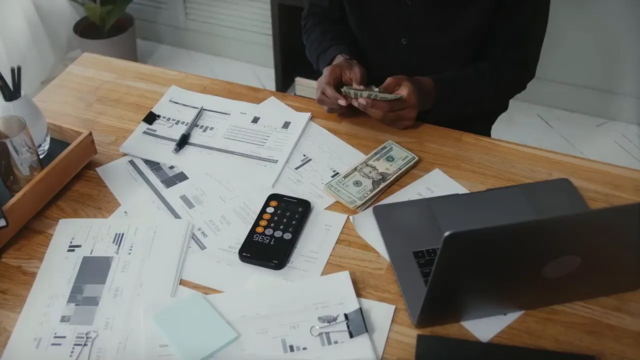 desk with financial documents, a phone calculator, cash stacks and a laptop