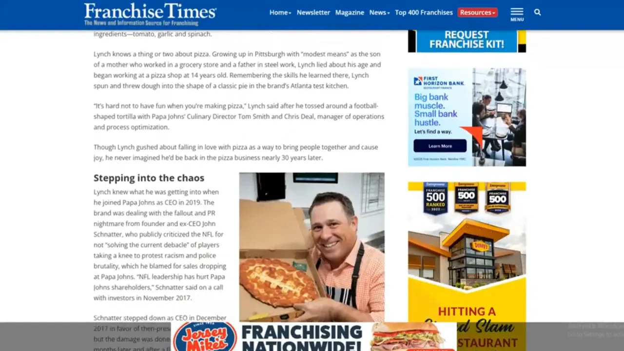 Franchise Times article screenshot showing a man holding a pizza box on a franchise article