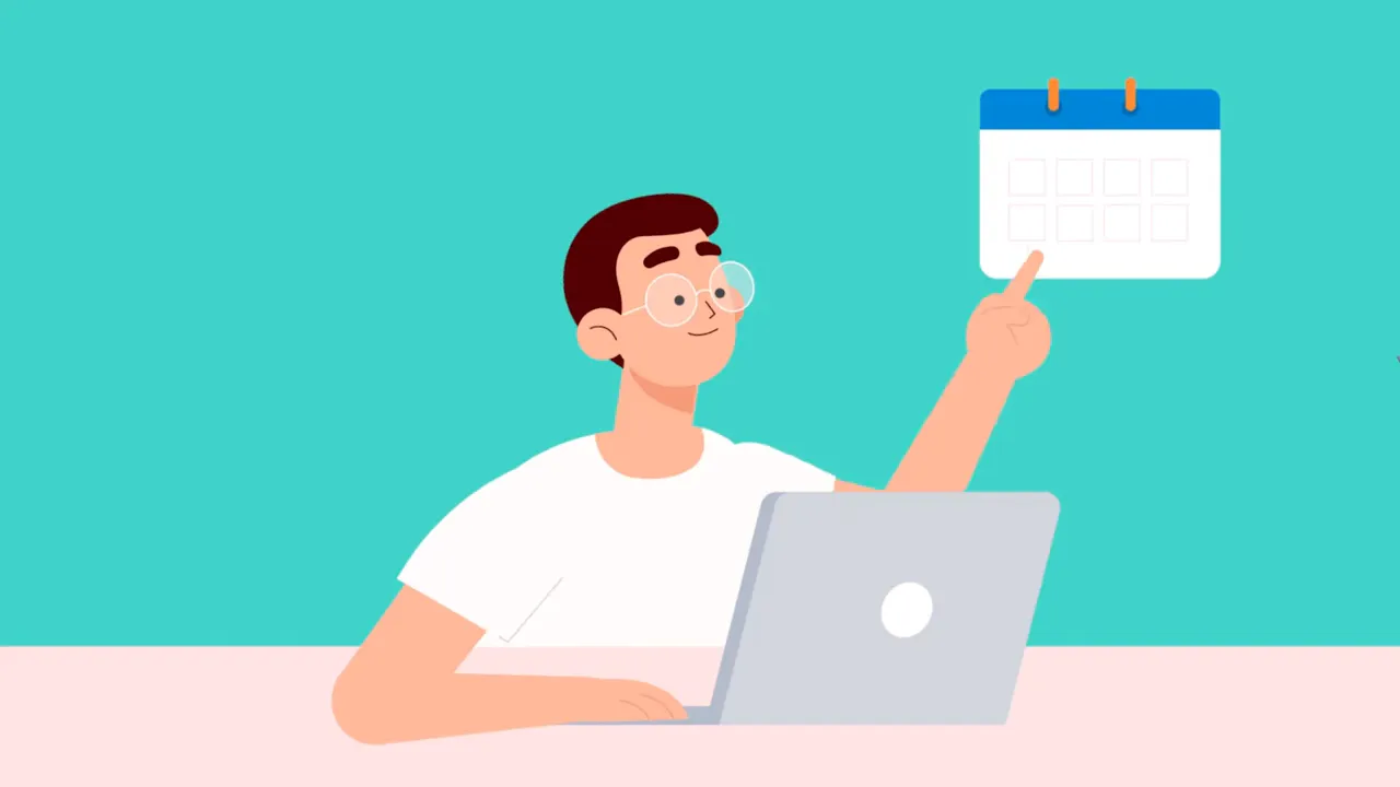 Illustration of a person at a laptop pointing to a calendar, representing scheduling and planning