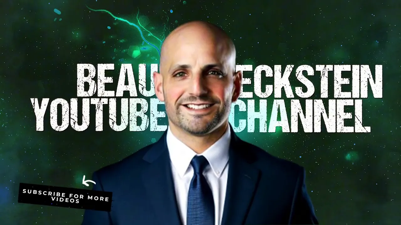 Podcast channel end‑card with host portrait in suit on a green textured background and bold channel text