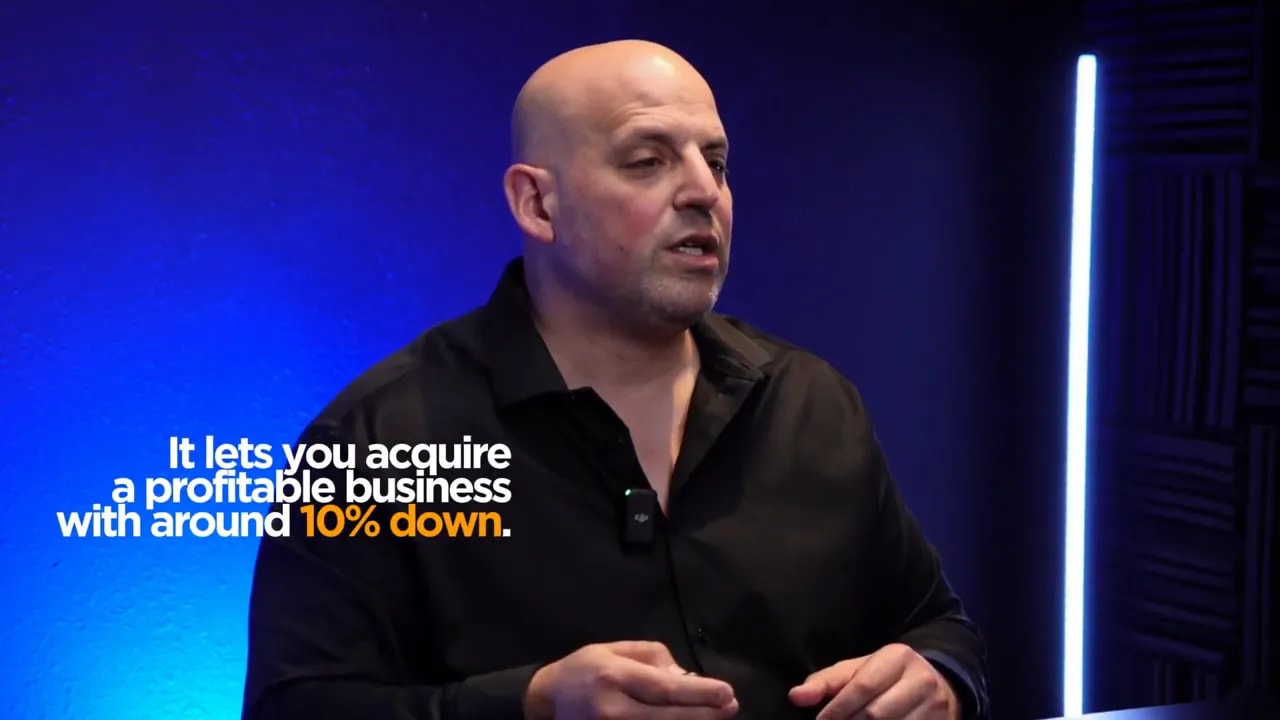 On-screen text highlights acquiring a profitable business with around 10% down using SBA financing