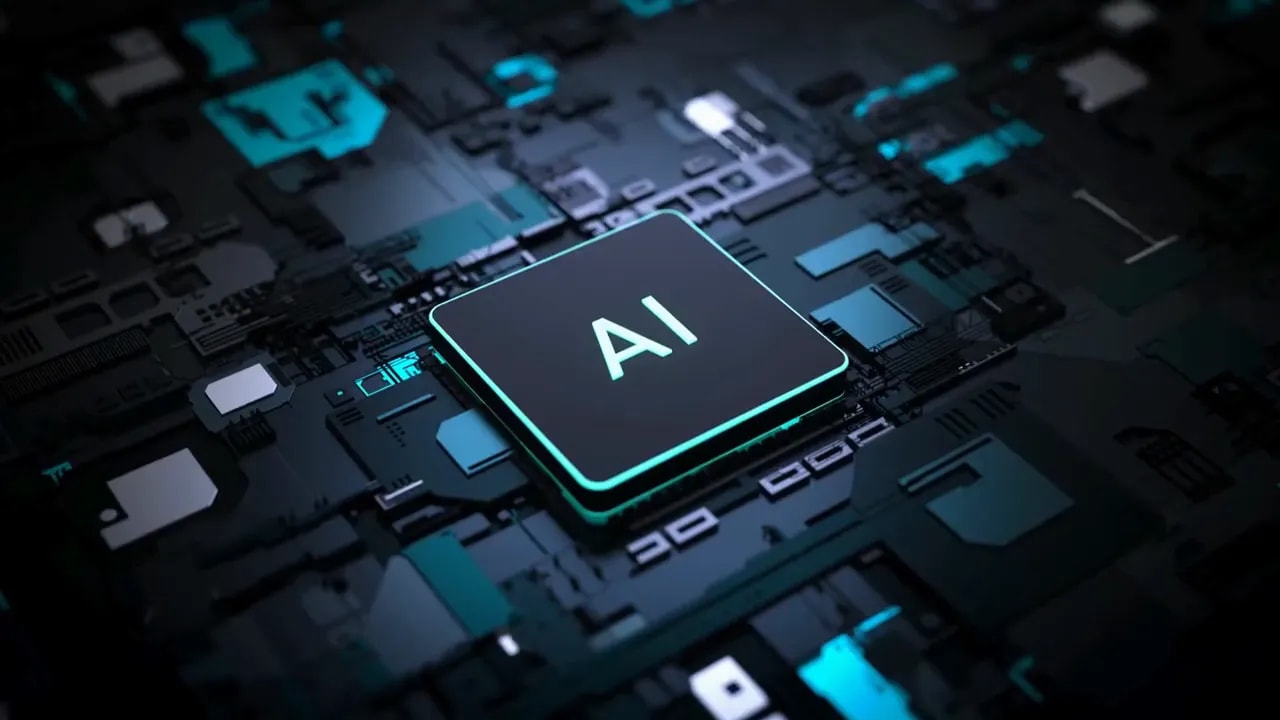 Computer chip graphic with illuminated AI lettering