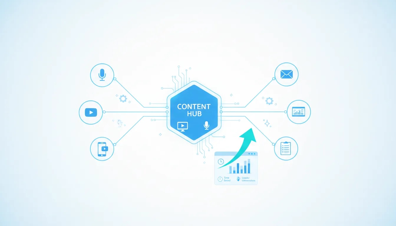 Illustration showing AI-powered content repurposing across multiple platforms with ROI tracking through an analytics dashboard.