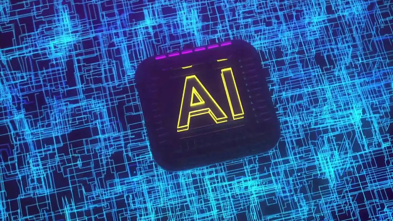 Abstract AI concept graphic with an AI icon over a digital blueprint-style background