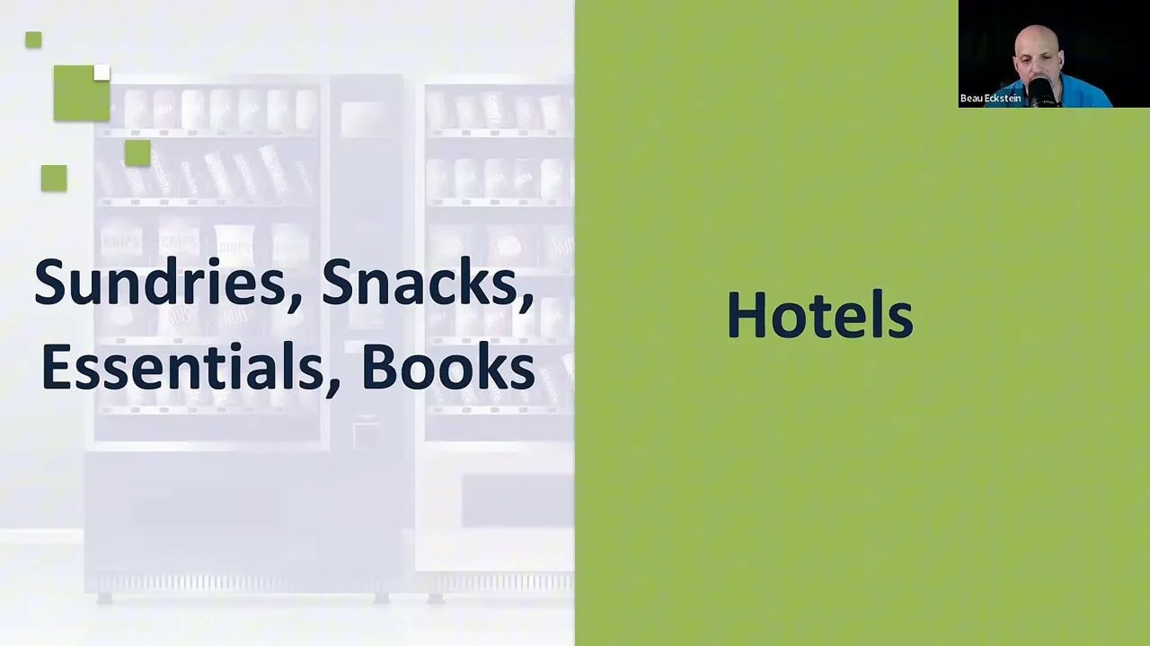 AI vending machine slide showing hotel vending use case for snacks, essentials, and books