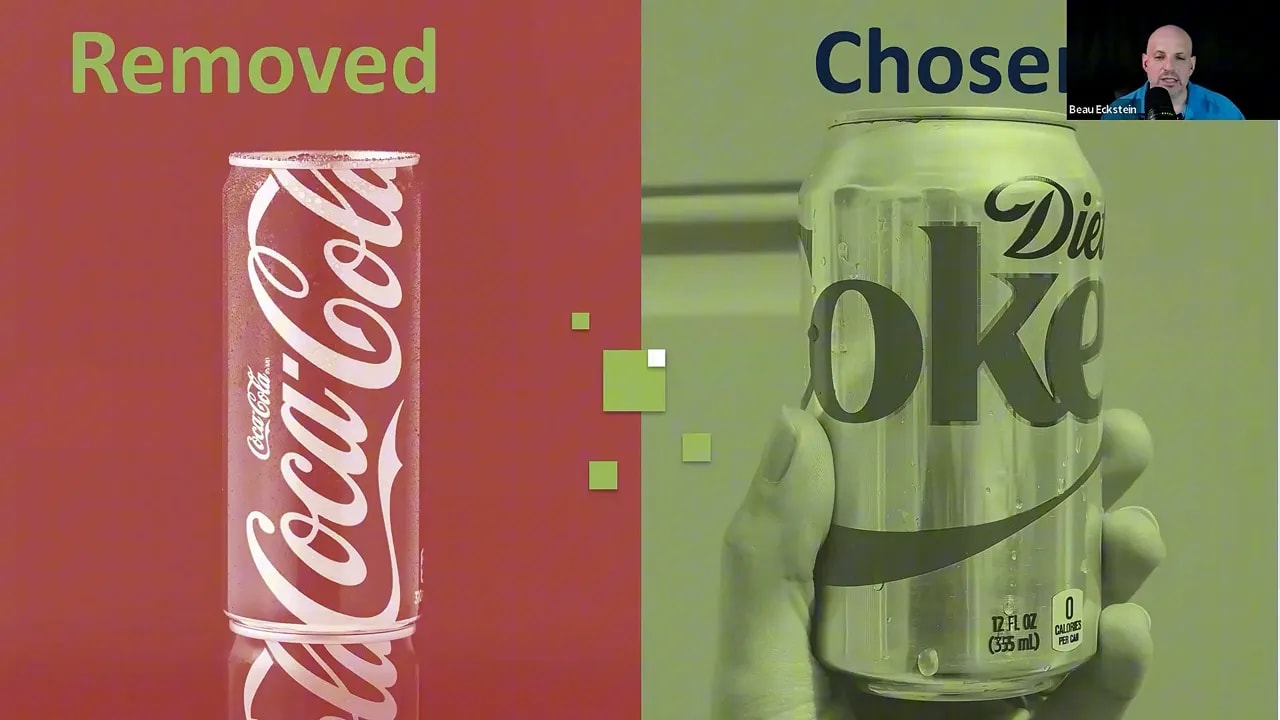 AI vending split-screen graphic showing removed items versus chosen items
