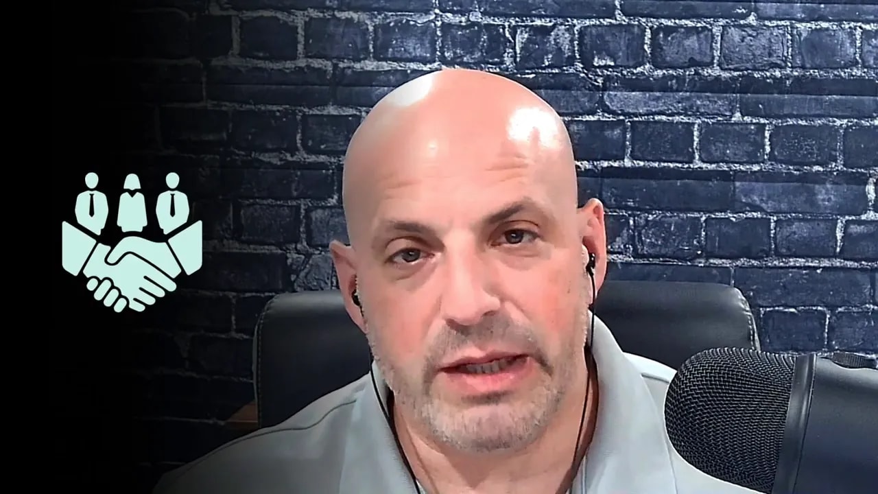 handshake and small team icon beside host on webcam, symbolizing hiring or partnering with a virtual assistant