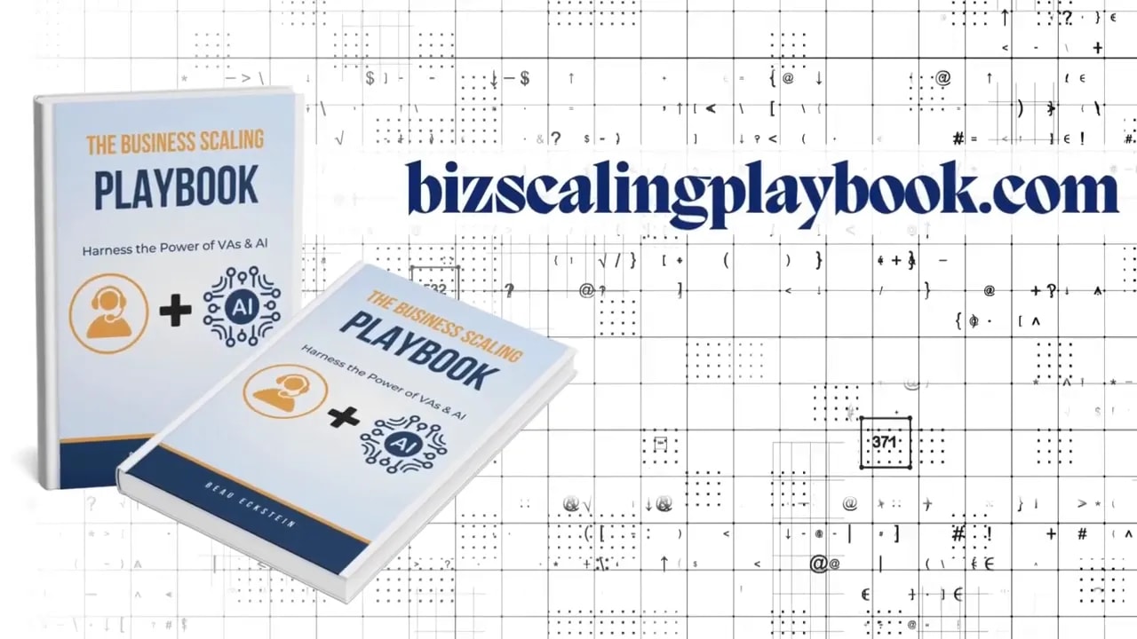 Biz Scaling Playbook book and branding on a blueprint grid background symbolizing a repeatable AI and VA business workflow
