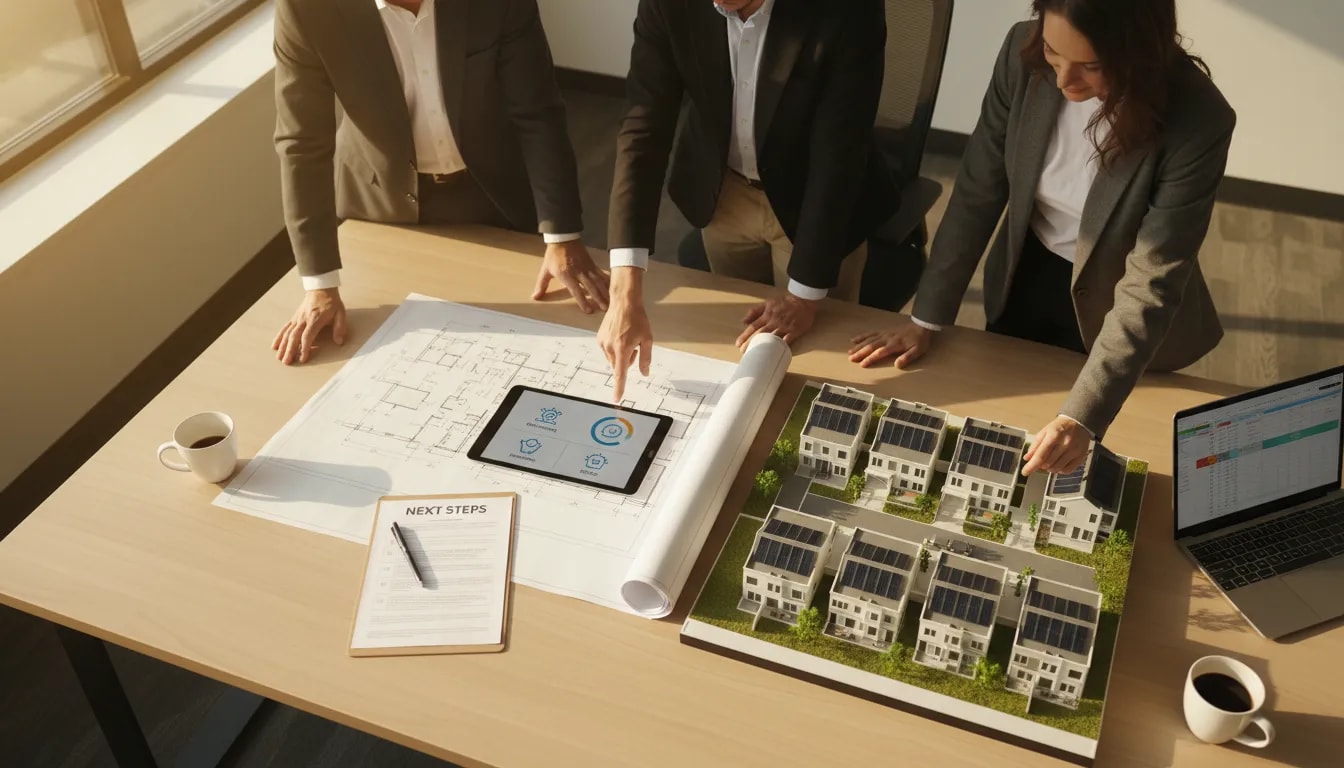 Developers reviewing blueprints, financing charts and a scale model of a build-to-rent community with a 'Next Steps' checklist.