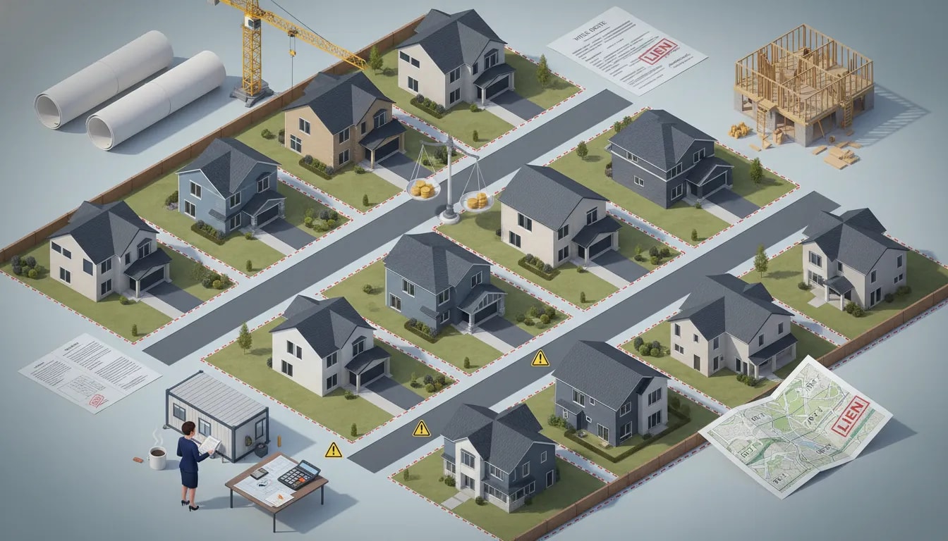 Aerial isometric illustration of a scattered-site build-to-rent neighborhood with parcel lines, lien and zoning stamps, and a lender reviewing documents.