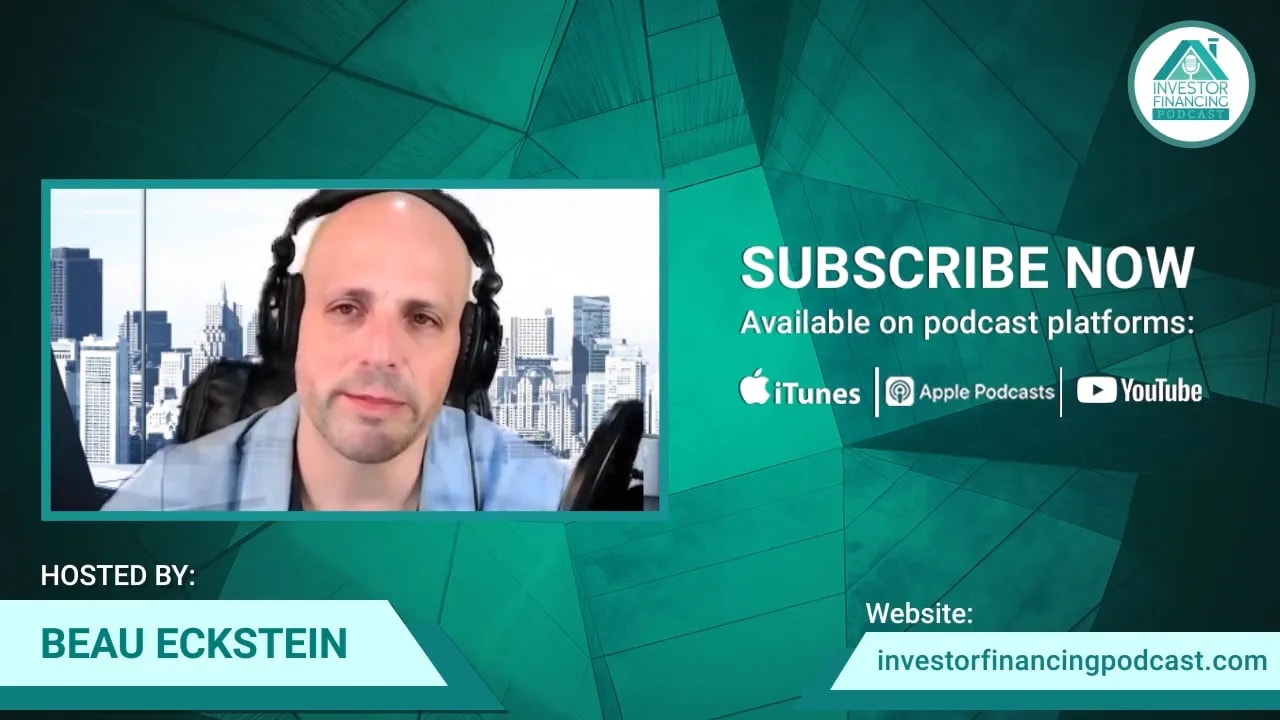 Podcast host in a video frame with teal branded background and prominent 'Subscribe Now' call-to-action