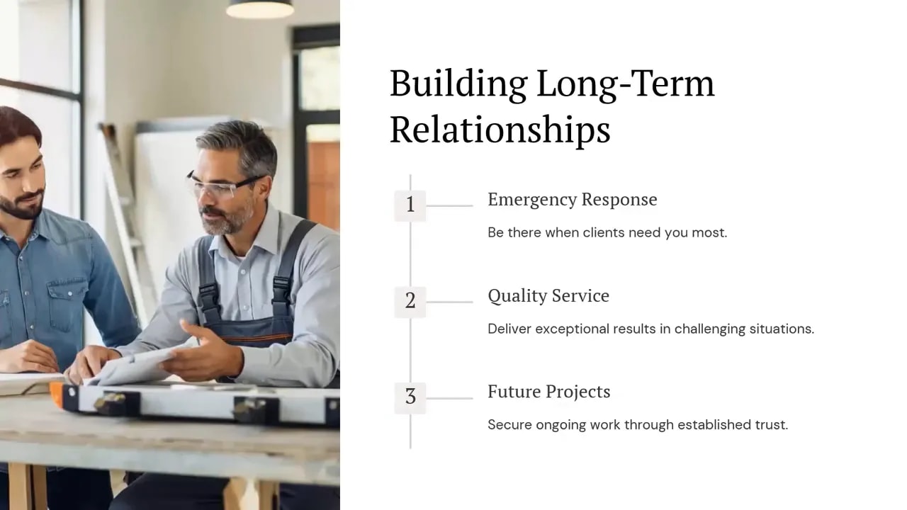 Slide titled Building Long-Term Relationships with two business professionals at a table