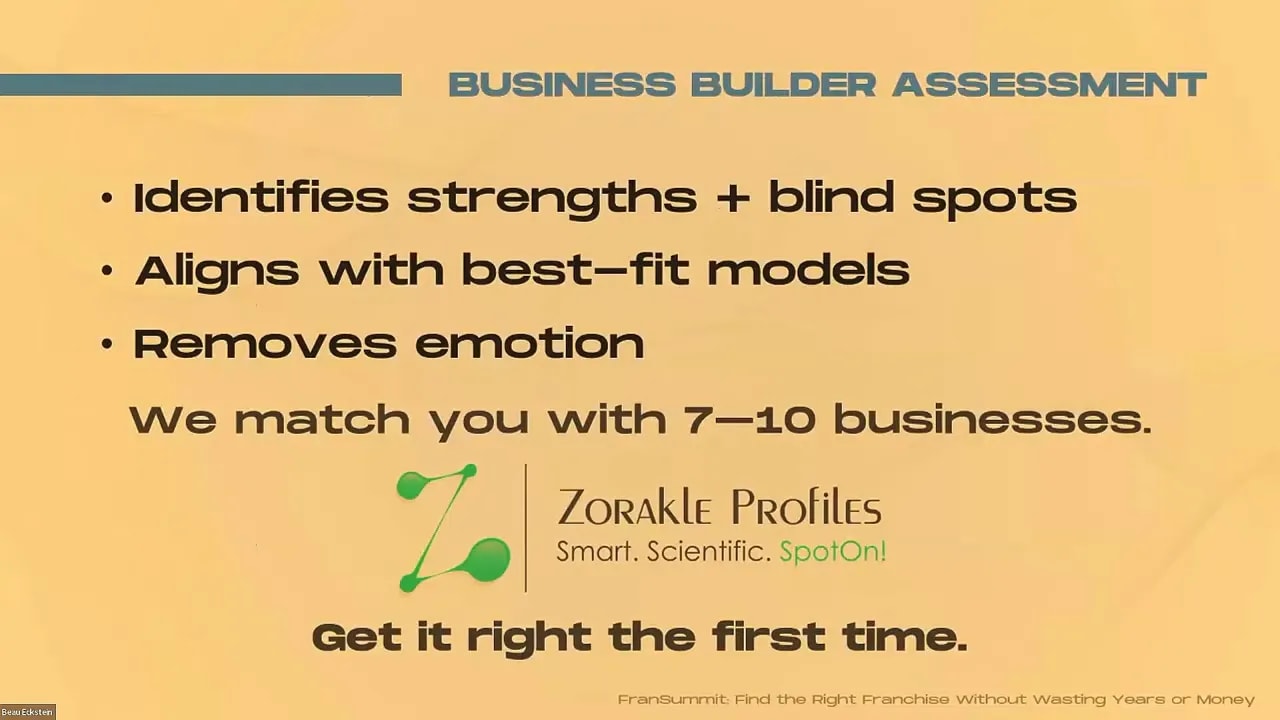 Slide titled “Business Builder Assessment” describing Zoracle Profiles and matching you with 7 to 10 businesses