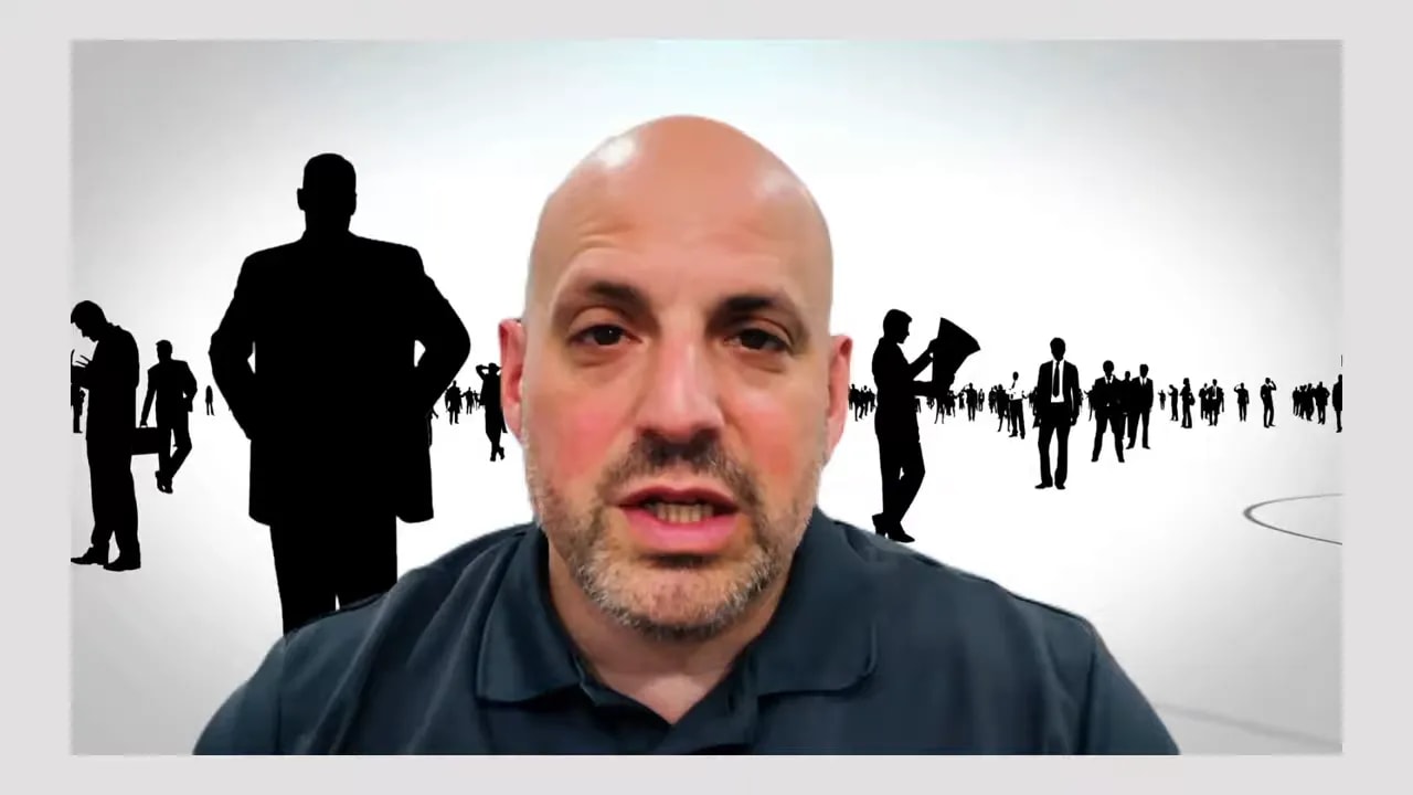 Podcast host framed in front of a high-contrast silhouette crowd graphic representing many businesspeople