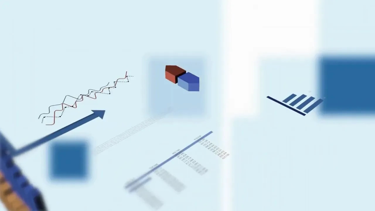 Animated business chart with bars and directional arrows