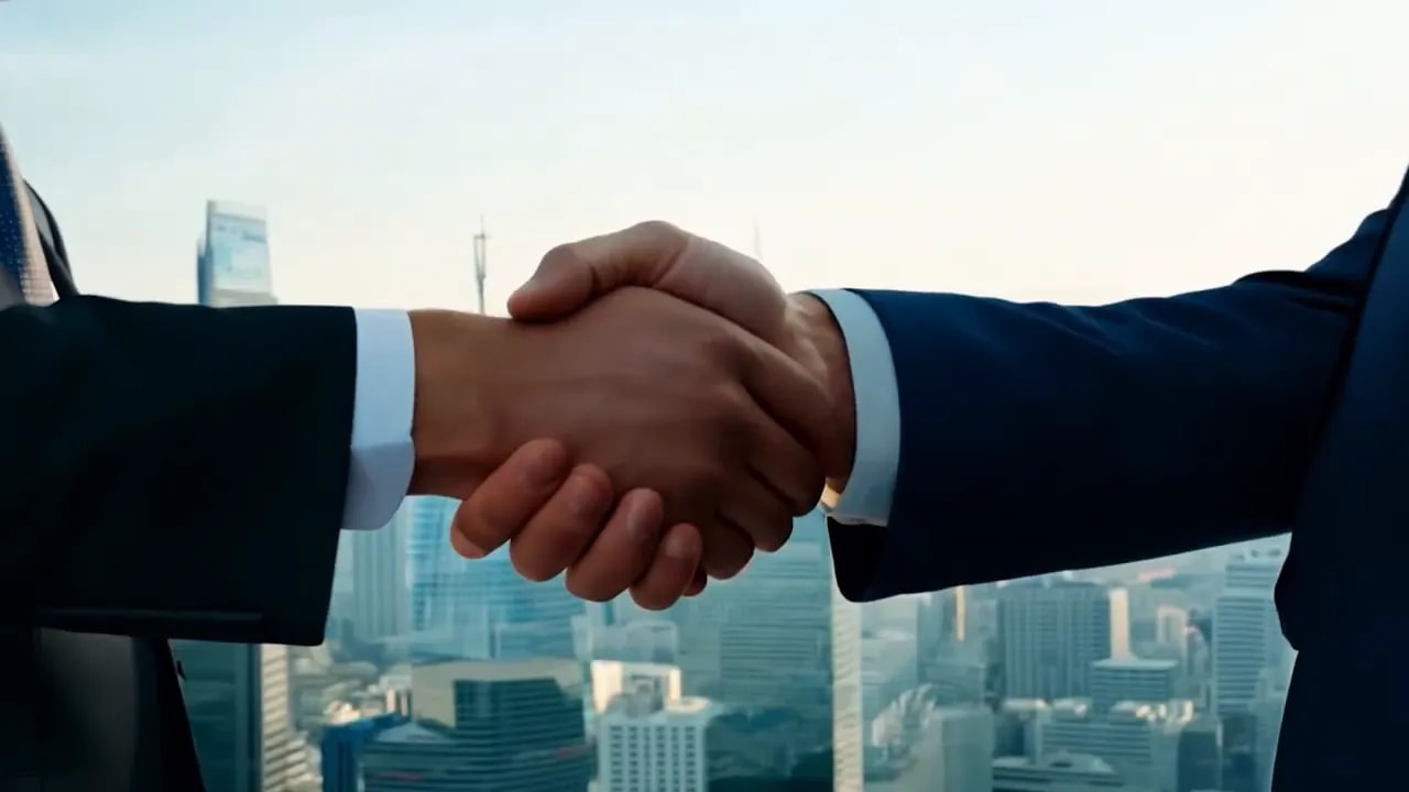 Two business professionals shaking hands with a city skyline behind them