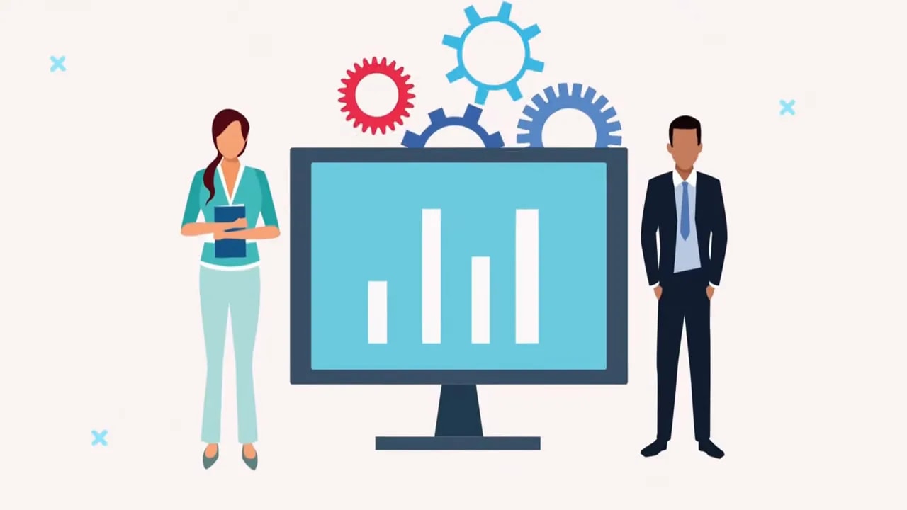 Illustration of two businesspeople beside a chart on a computer monitor
