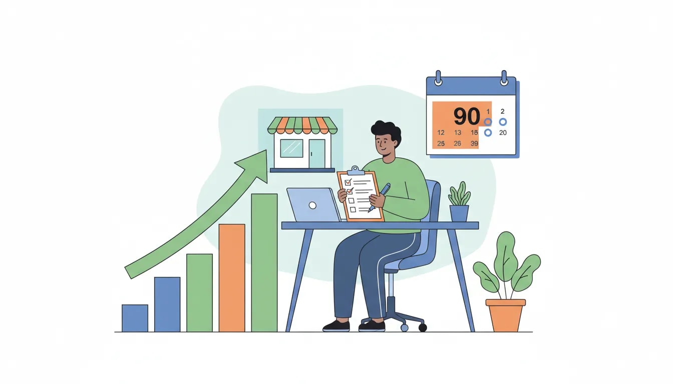 Small-business owner checking a 90-day checklist beside a calendar and upward arrow representing momentum