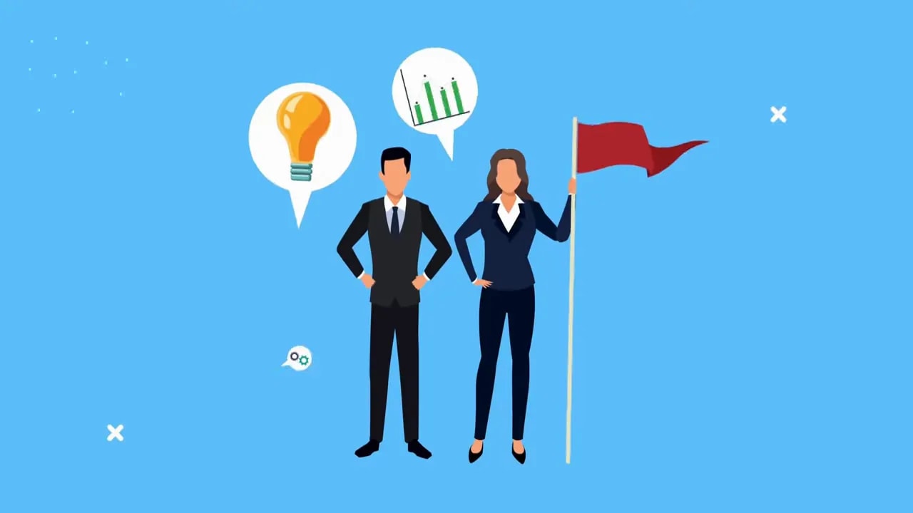 Illustration of two businesspeople with idea, process, and performance icons