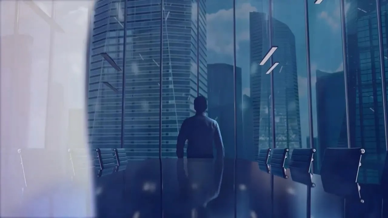 Professional looking co-working office glass skyline scene