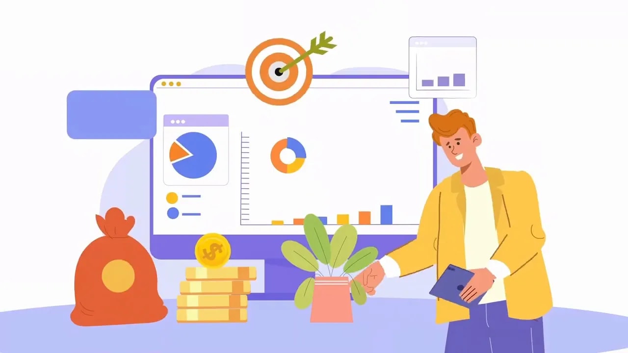 Illustration of a person planning strategy with analytics dashboard and coins