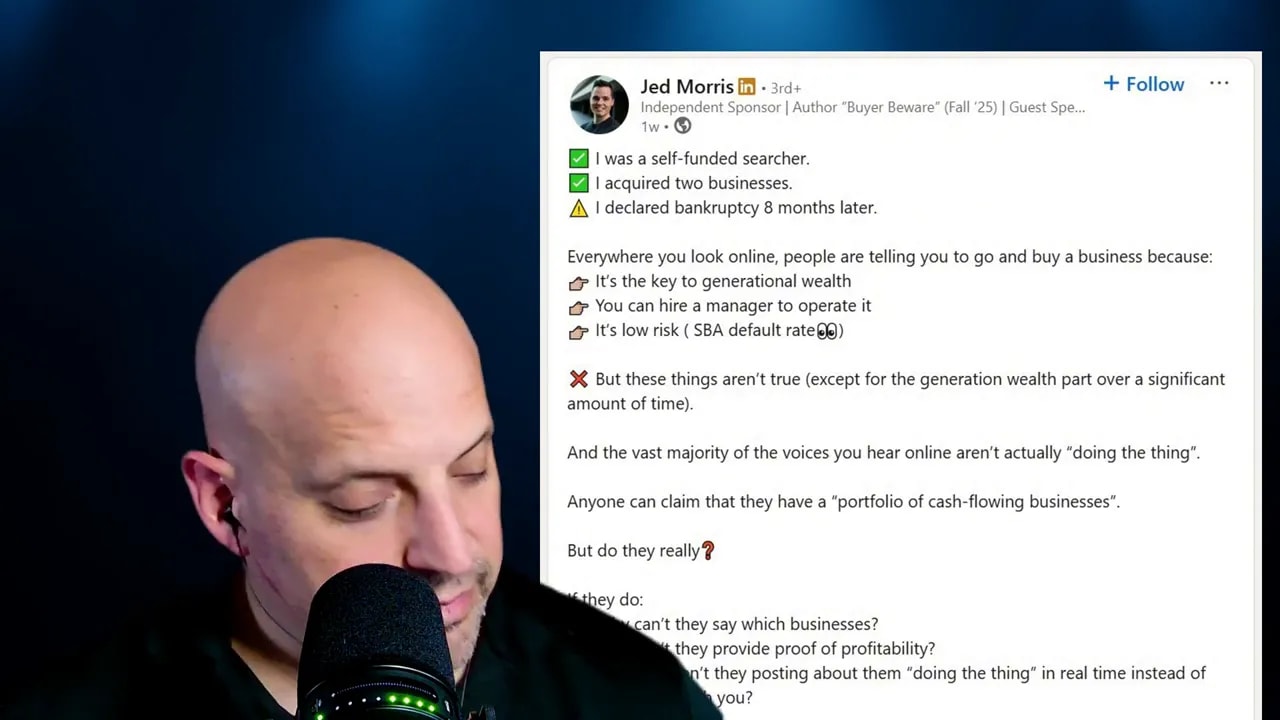 Screen capture of a post discussing “buy a business” misconceptions and the reality of doing the work