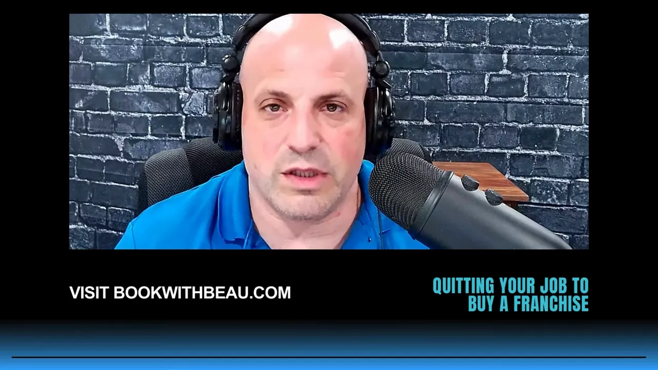 Close-up of a podcast host in front of a brick backdrop speaking into a microphone with show lower-third visible.