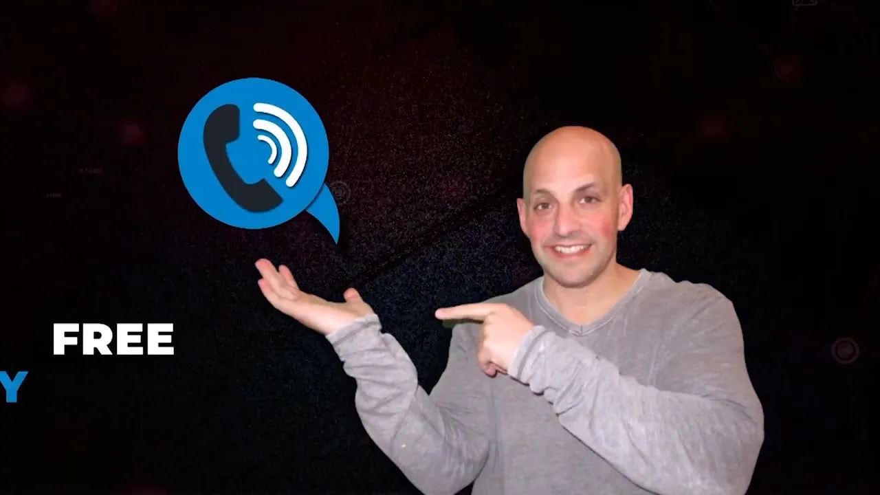 Presenter pointing at a phone icon graphic on a dark background — clear call to action.