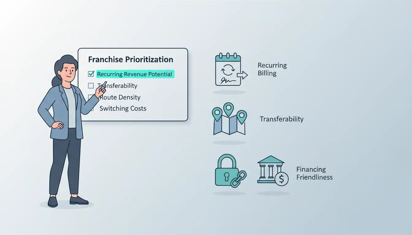 Illustration of a business owner prioritizing franchise choice with a checklist and icons for recurring billing, contract transferability, route density, customer switching costs, and financing friendliness.