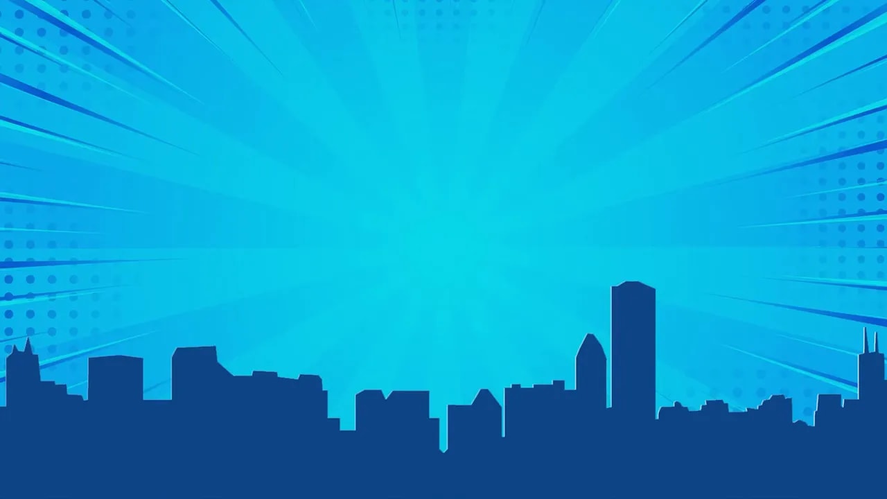 Blue stylized city skyline illustration with radial burst background