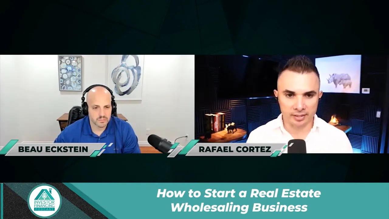 High-resolution split-screen podcast shot showing two hosts with a teal banner reading 'How to Start a Real Estate Wholesaling Business'.