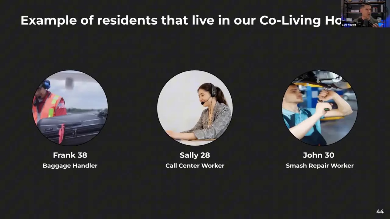 Examples of co-living residents: Frank 38 baggage handler, Sally 28 call center worker, and John 30 smash repair worker