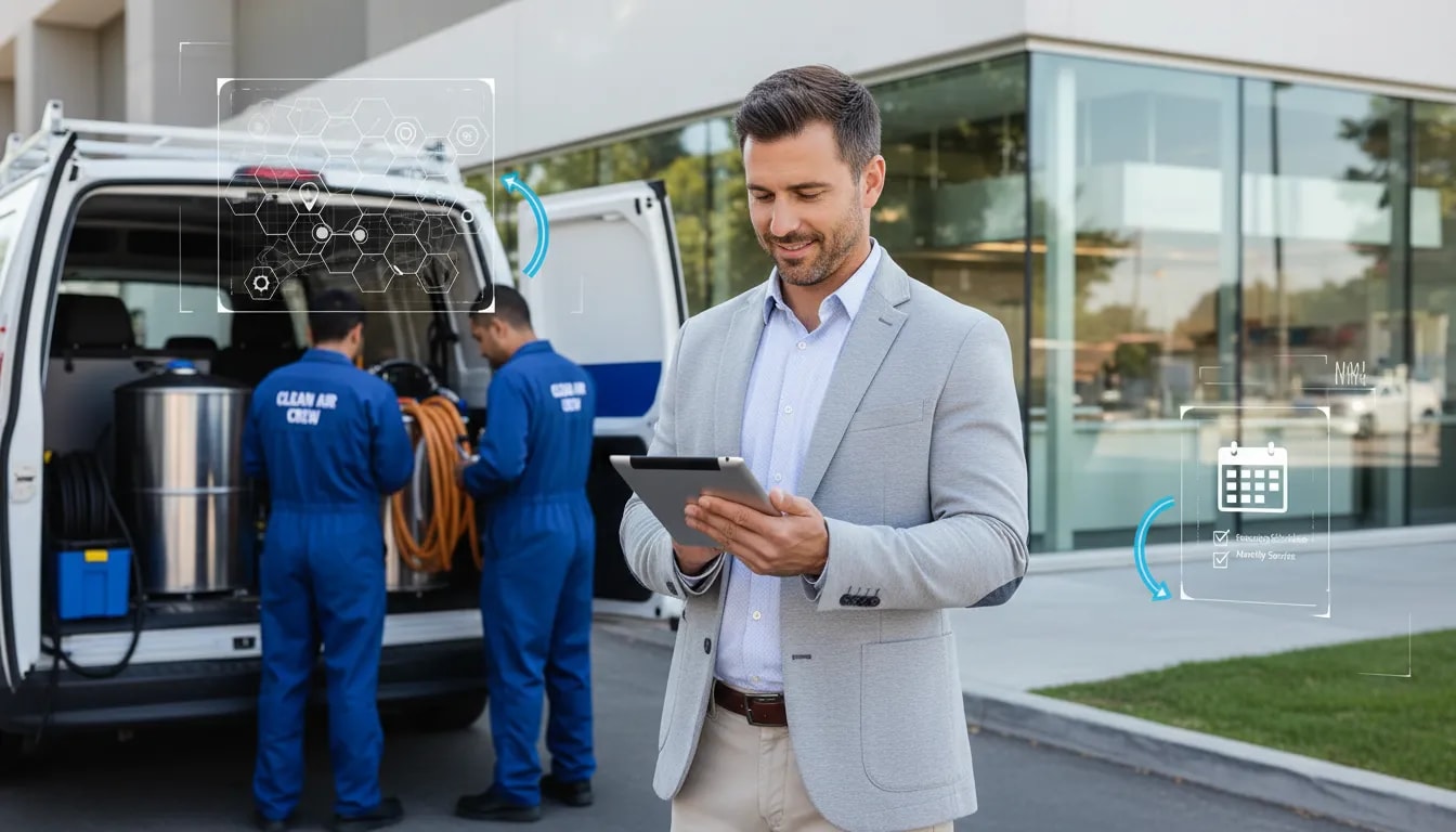 Manager with tablet overseeing technicians loading a commercial hood cleaning service van with a translucent map overlay showing territory expansion.