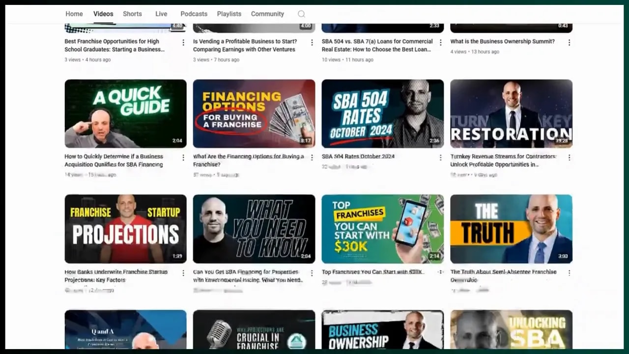 Channel page showing a grid of business and financing content thumbnails