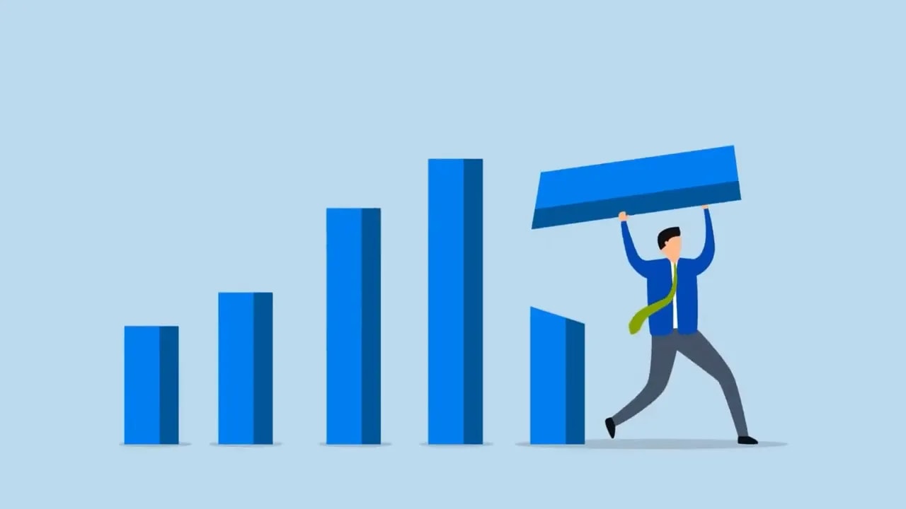 Blue bar chart with a person holding a rising chart bar