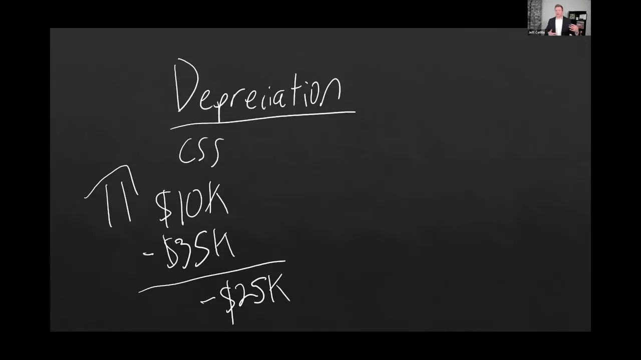 Hand-drawn depreciation example with income and expense amounts