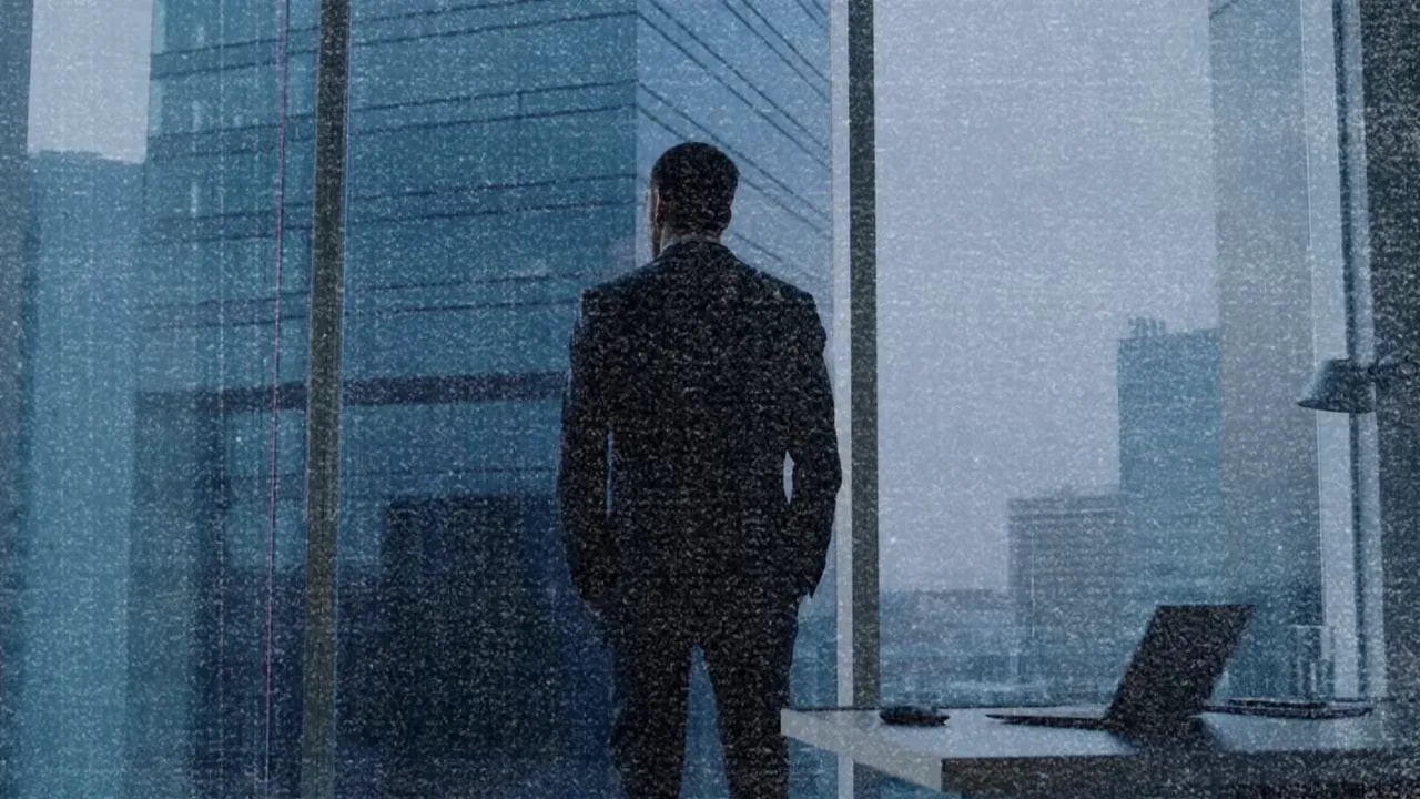 Person walking toward an office skyline in rainy weather representing the path from employee to business owner