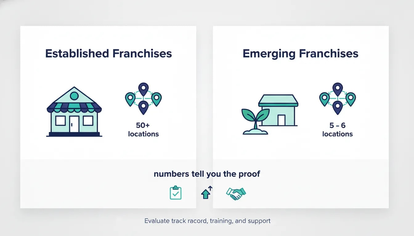 Infographic comparing established vs emerging franchises using location counts and proof factors like training and support