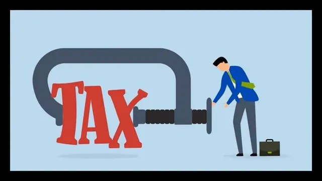 Illustration of a person tightening a clamp around the word tax