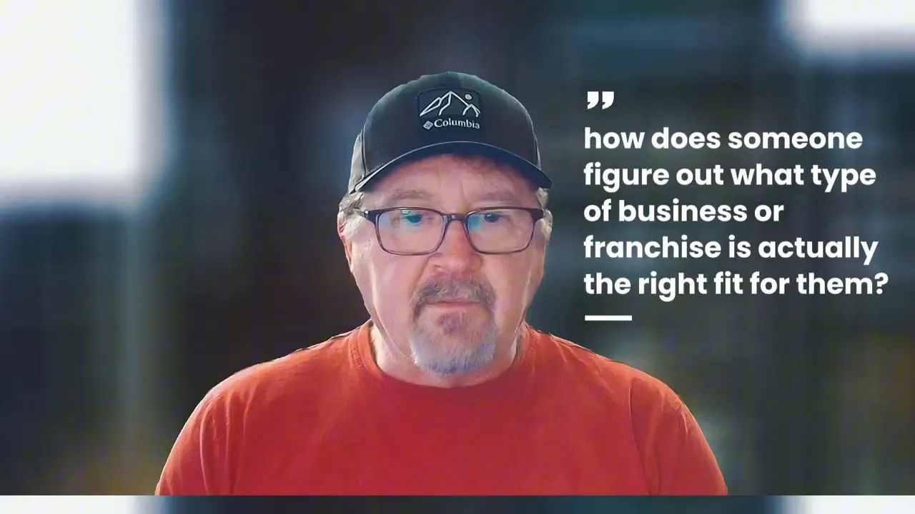 Video presenter with on-screen text asking how to figure out what type of business or franchise is the right fit