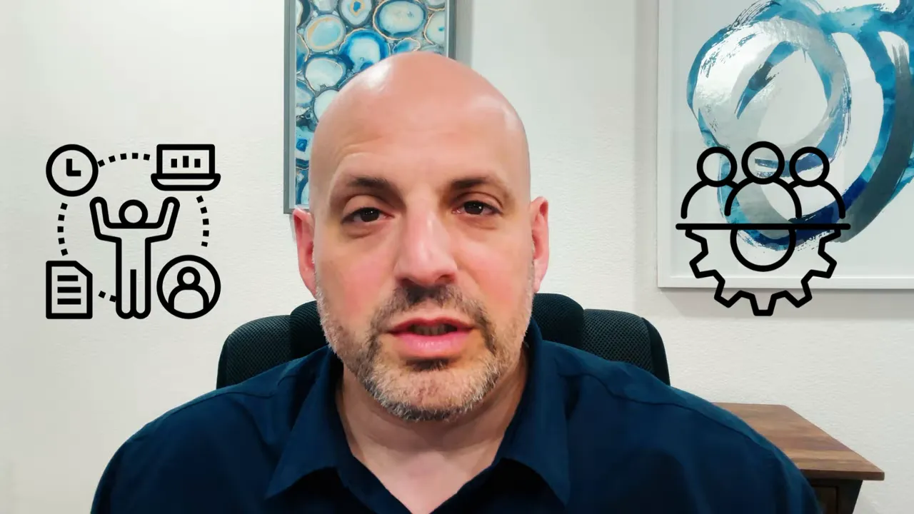 Speaker with overlay icons representing management, staff and operations