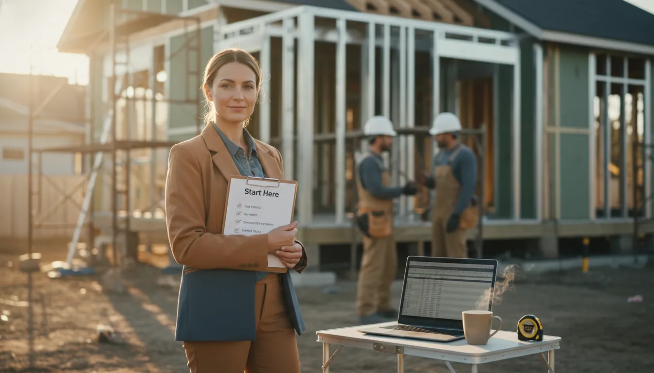 Entrepreneur at a renovation site holding a clipboard checklist titled 'Start Here' with contractors and a laptop in the background, golden-hour editorial photo.