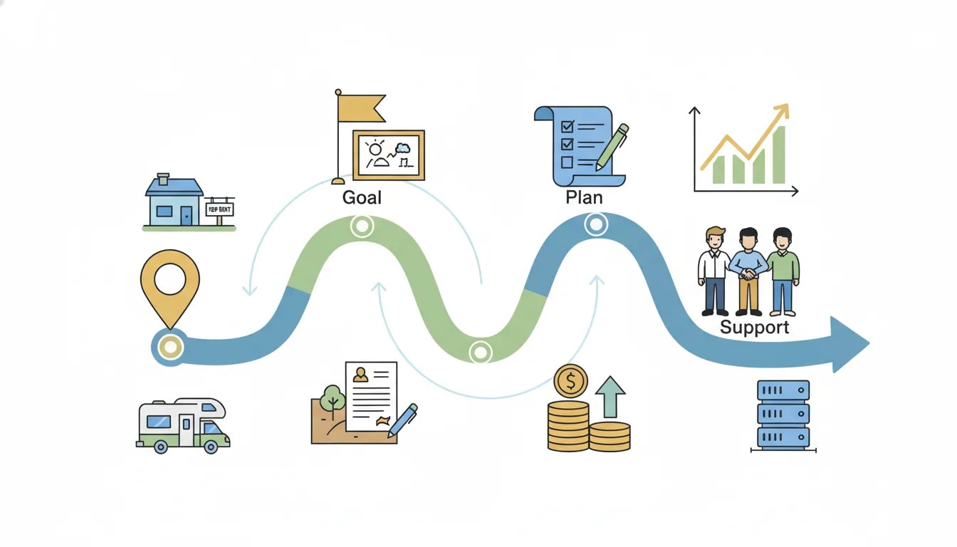 Vector illustration of a roadmap labeled Goal, Plan, Support surrounded by icons for house rentals, land deals, ATM, RV, crypto rig and coins, showing reinvestment flow and upward growth to represent building multiple income streams.